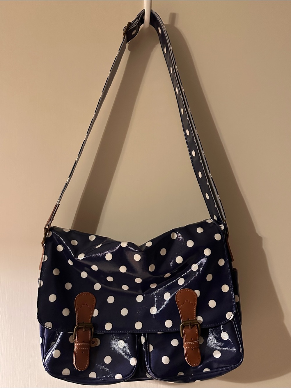 Polka Dot Navy Crossbody Bag with Brown Trim